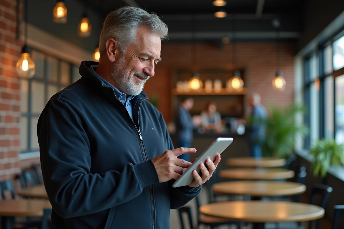 Homme utilisant une tablette pour contacter le service client Sosh dans un café moderne