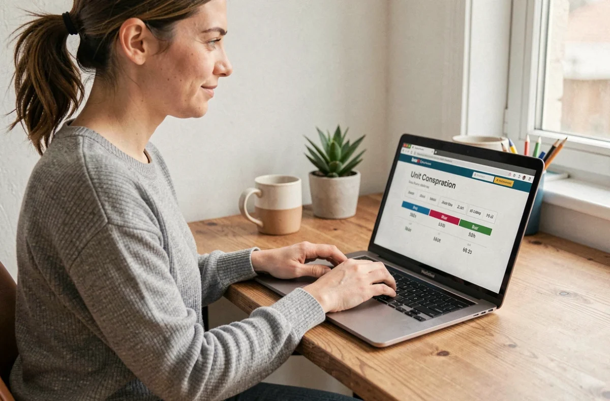 Femme utilisant un convertisseur en ligne de psi en bar sur son ordinateur portable dans un bureau à domicile moderne