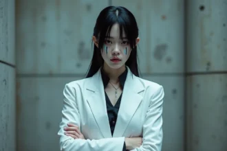 Cosplayeur incarnant Ulquiorra Schiffer de Bleach avec maquillage et costume blanc détaillé, pose contemplative dramatique