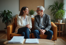 Couple assis dans une salle d'attente chaleureuse et contemplative