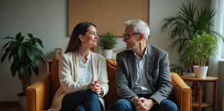 Couple assis dans une salle d'attente chaleureuse et contemplative