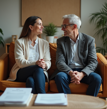 Couple assis dans une salle d'attente chaleureuse et contemplative