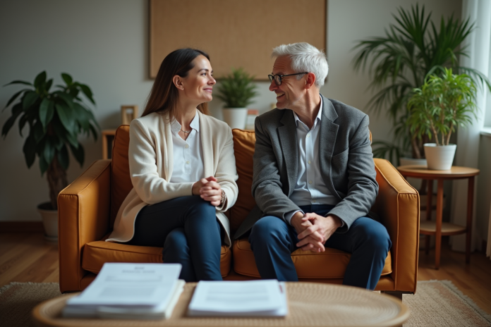 couple-attente-adoption Couple assis dans une salle d'attente chaleureuse et contemplative