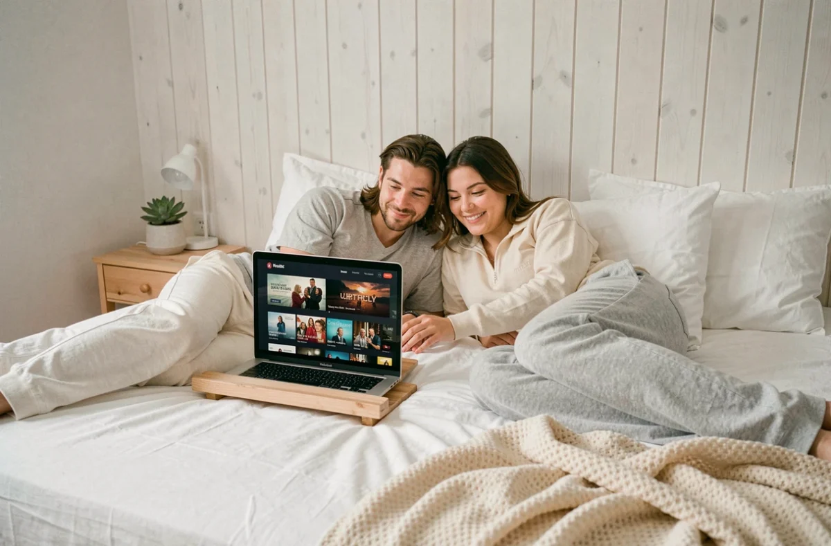 Couple choisissant un film ou une série sur une plateforme de streaming depuis un laptop dans une chambre minimaliste