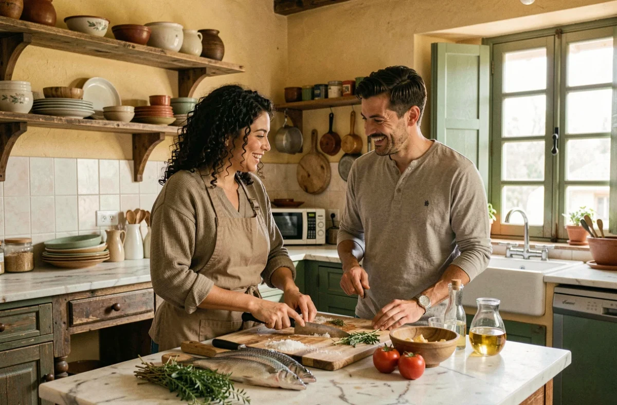 Couple préparant ensemble un repas traditionnel portugais dans une cuisine rustique, moment de partage culturel