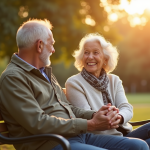 Couple âgé souriant main dans la main dans un parc ensoleillé