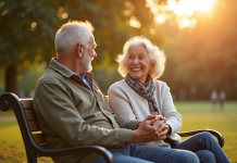 Couple âgé souriant main dans la main dans un parc ensoleillé
