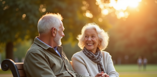 Couple âgé souriant main dans la main dans un parc ensoleillé