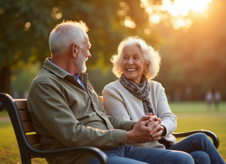 Couple âgé souriant main dans la main dans un parc ensoleillé