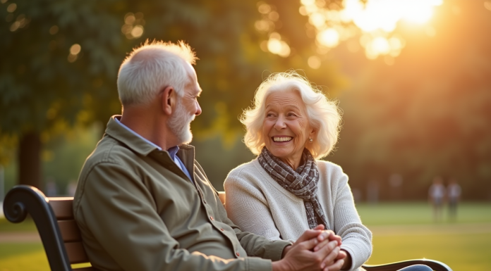 Couple âgé souriant main dans la main dans un parc ensoleillé
