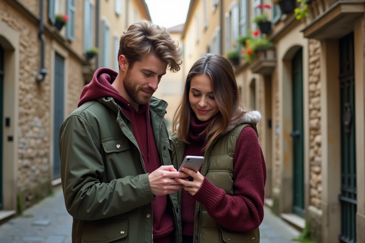 Couple de nouveaux habitants cherchant leur chemin dans une ruelle française typique à l'aide d'un smartphone