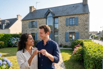 Couple de jeunes propriétaires devant leur maison à Cesson-Sévigné, tenant des clés avec le sourire