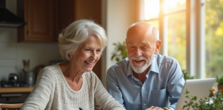 Couple souriant discutant de retraite à la cuisine