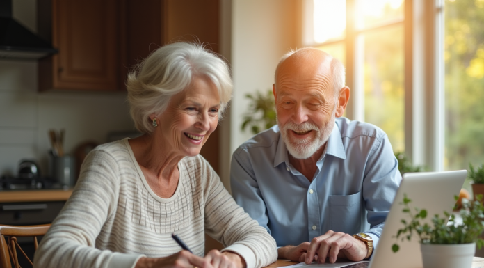 Couple souriant discutant de retraite à la cuisine
