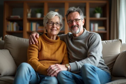 Couple assis sur un canapé dans un salon chaleureux