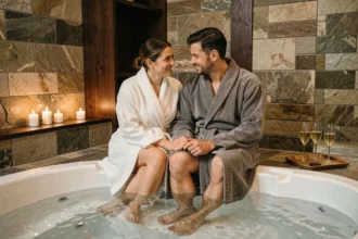 Couple en robes de bain au bord d'un spa privatif romantique à Toulouse avec bougies et champagne