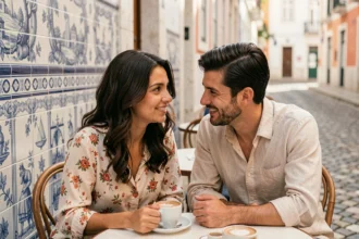 Couple franco-portugais partageant un café en terrasse à Lisbonne, moment de complicité romantique