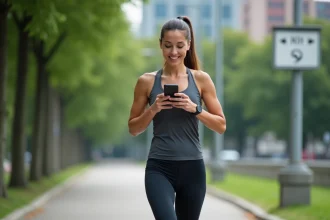 Jeune femme sportive en course urbaine checkant son rythme