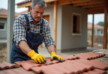 Ouvrier couvreur examinant des tuiles en argile sur un chantier