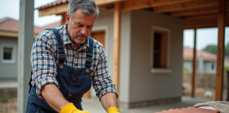Ouvrier couvreur examinant des tuiles en argile sur un chantier