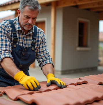 Ouvrier couvreur examinant des tuiles en argile sur un chantier