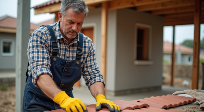 Comparatif des différents types de tuile : focus sur la tuile canal mécanique Ouvrier couvreur examinant des tuiles en argile sur un chantier