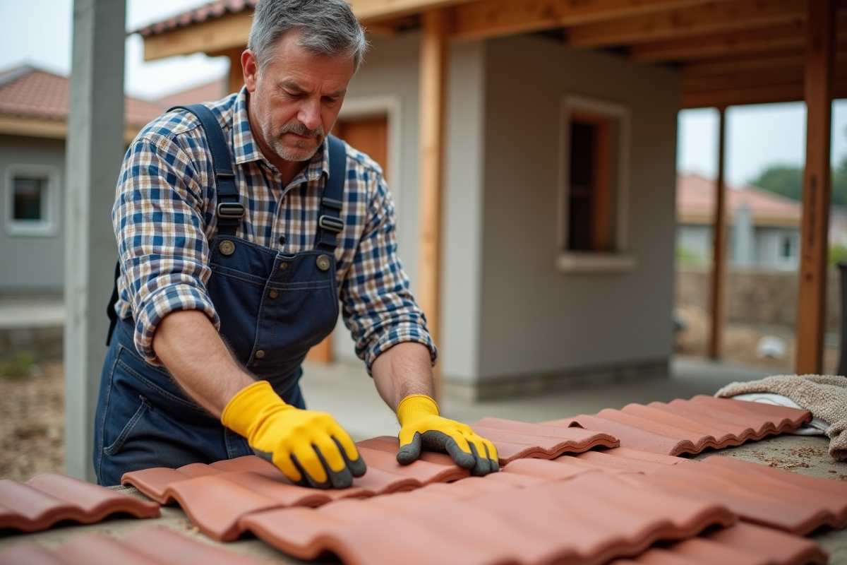 Ouvrier couvreur examinant des tuiles en argile sur un chantier