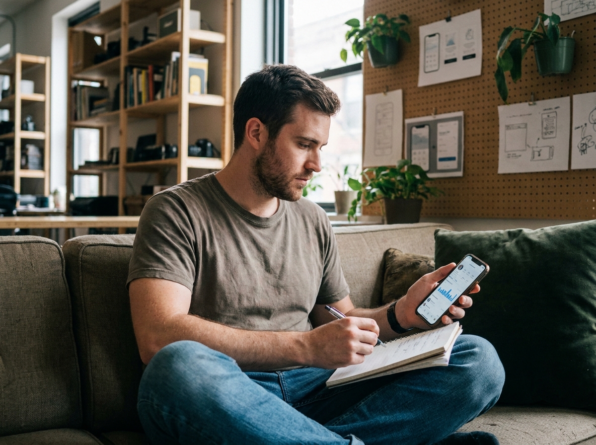 Créateur de contenu engagé consultant ses statistiques de campagne sur smartphone dans un espace de coworking créatif