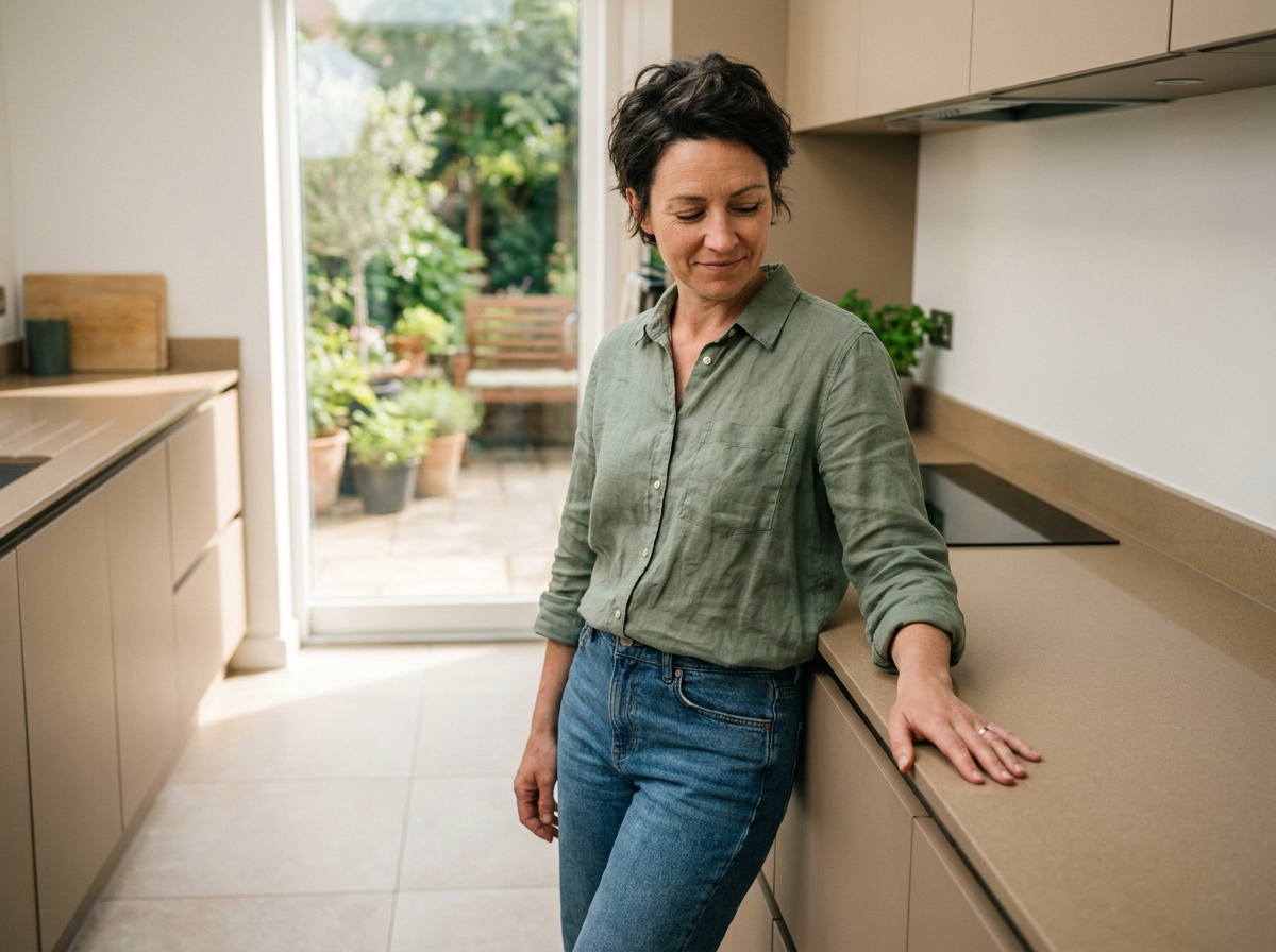 Femme admirant un plan de travail en matériau composite dans une cuisine rénovée contemporaine