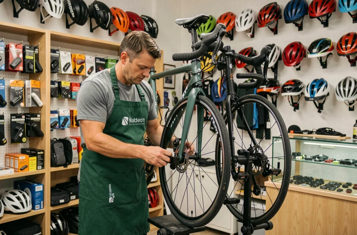Mécanicien de Cycles Plein Air réglant le dérailleur d'un vélo de randonnée sur un stand professionnel