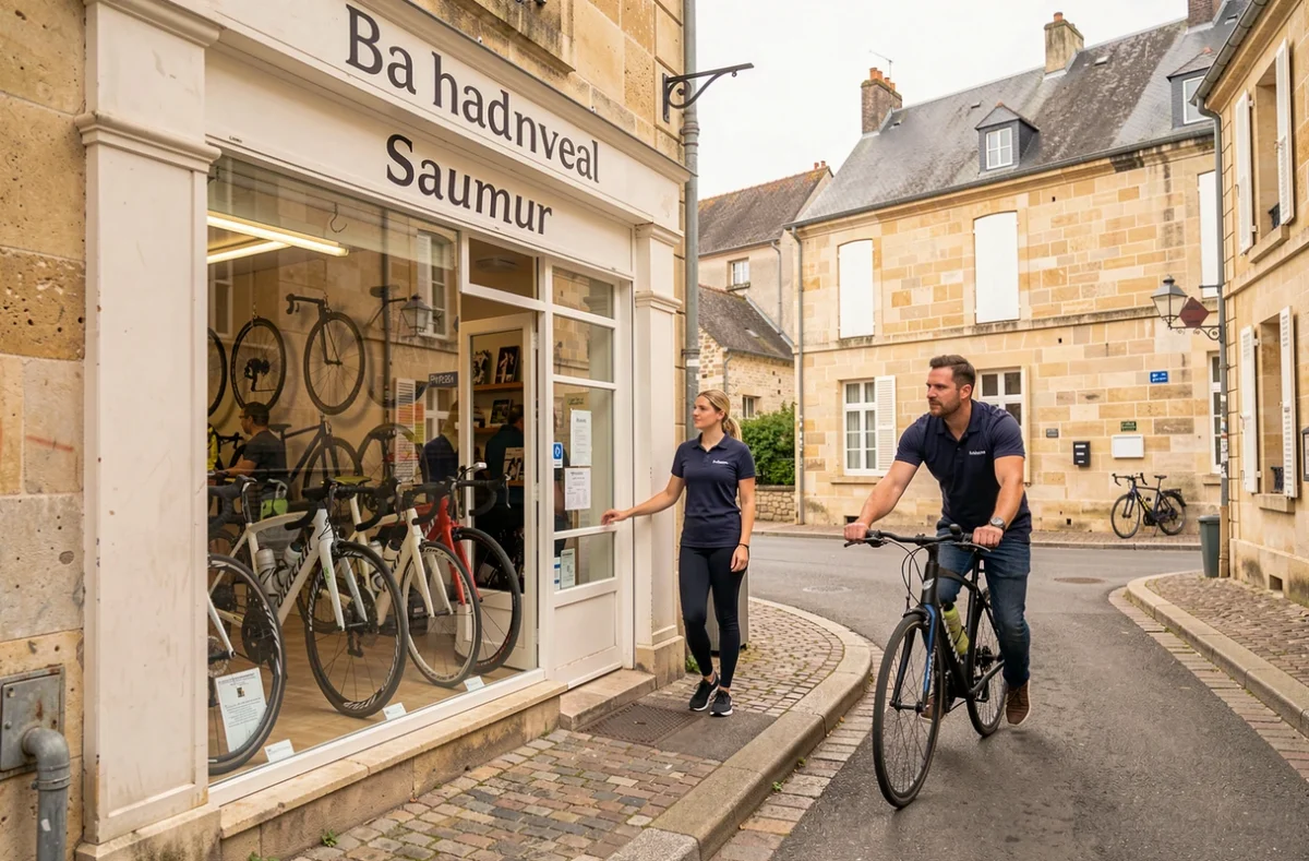 Façade de Cycles Plein Air Saumur avec une employée accueillant un client et des vélos exposés en vitrine