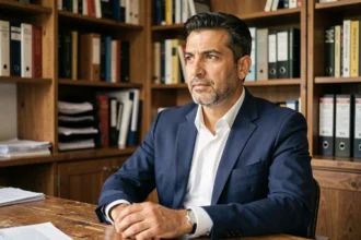 Homme aux origines méditerranéennes assis dans un bureau éditorial moderne, illustrant la curiosité autour de l'identité de David Doukhan