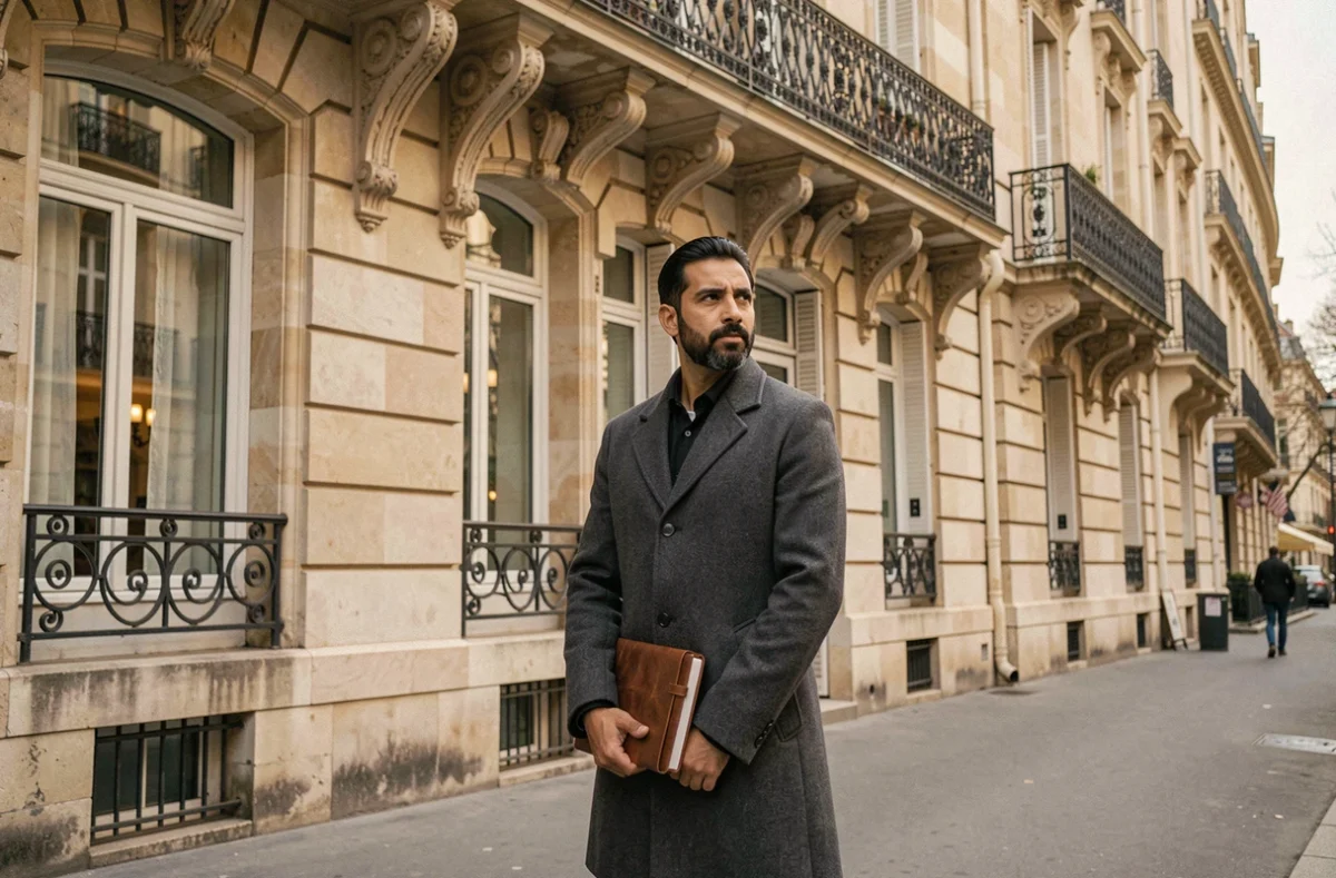 Homme aux traits méditerranéens devant une façade parisienne en pierre, évoquant les questionnements sur les origines culturelles de David Doukhan