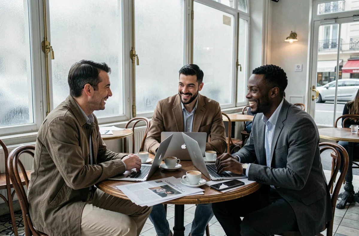 Groupe de personnes aux origines diverses discutant autour d'un café parisien, symbolisant le débat autour de l'identité et des origines de personnalités publiques comme David Doukhan