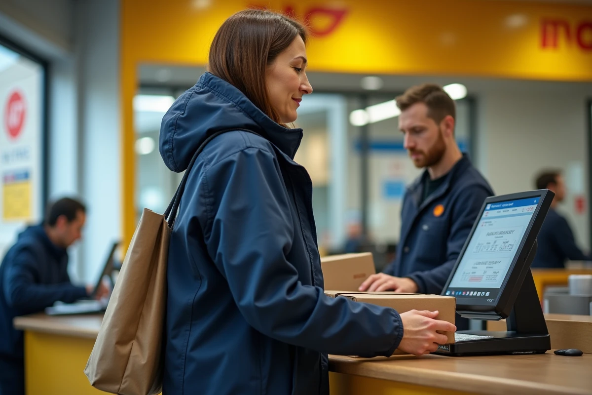 Femme déposant un colis Vinted Go à la Poste comme solution alternative au locker indisponible