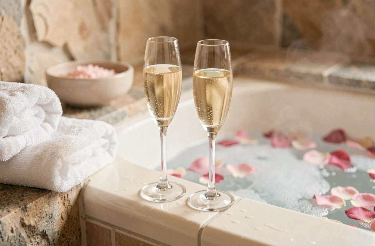 Flûtes de champagne et pétales de roses sur le bord d'un bain à remous privatif romantique