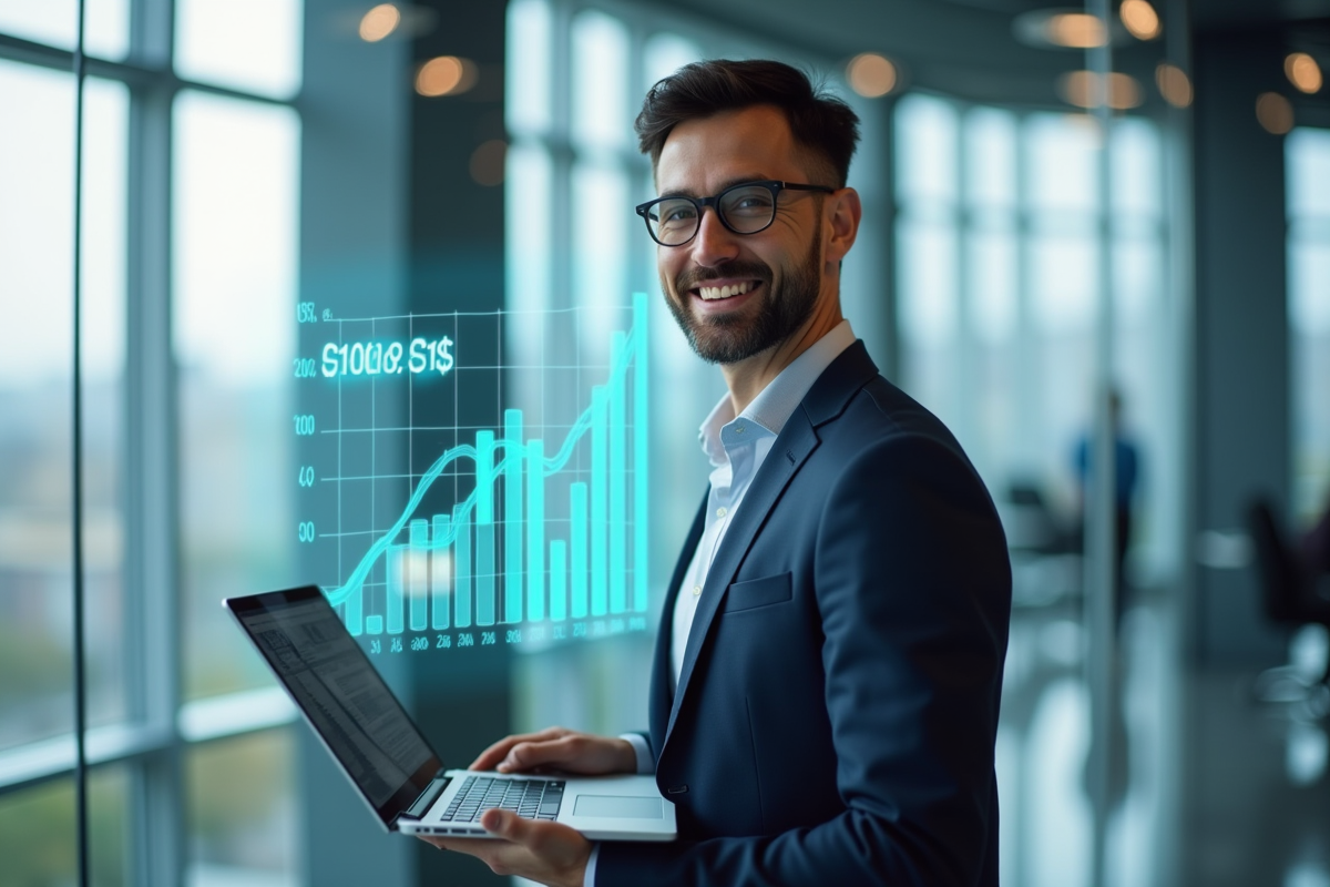 Developpeur confiant avec graphique de salaires en fond