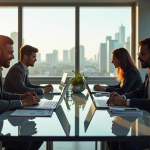 Groupe de developpeurs discutant de salaires en bureau lumineux