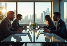 Groupe de developpeurs discutant de salaires en bureau lumineux