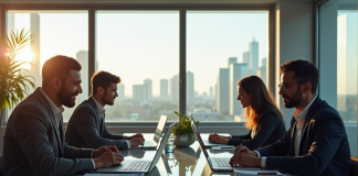 Groupe de developpeurs discutant de salaires en bureau lumineux