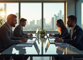 Quels profils de développeurs obtiennent les meilleurs salaires ? Groupe de developpeurs discutant de salaires en bureau lumineux