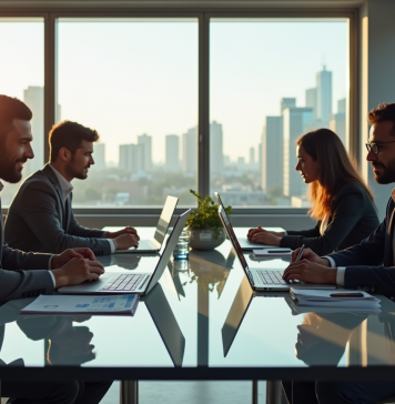 Groupe de developpeurs discutant de salaires en bureau lumineux