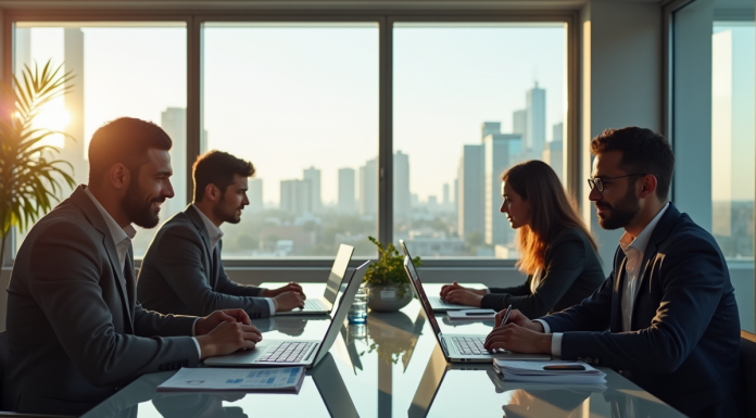 Groupe de developpeurs discutant de salaires en bureau lumineux