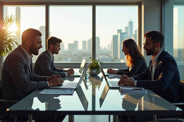 developpeurs-equipe-salaire Groupe de developpeurs discutant de salaires en bureau lumineux