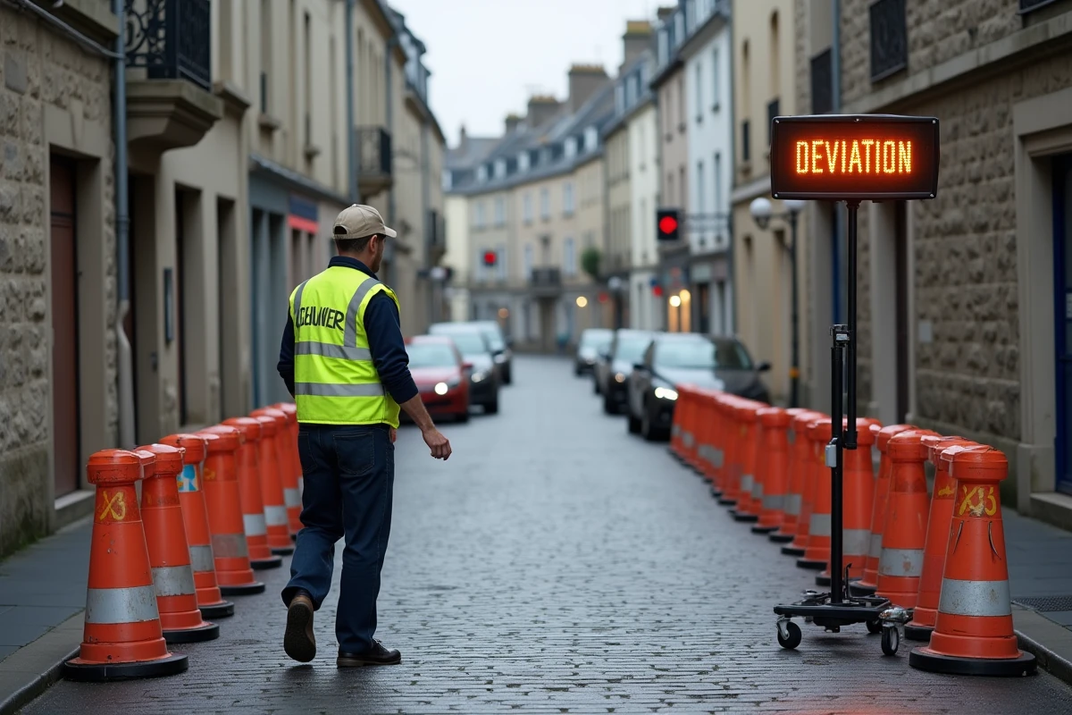 Déviation de circulation en centre-ville de Lorient avec barrières routières et agent en gilet jaune