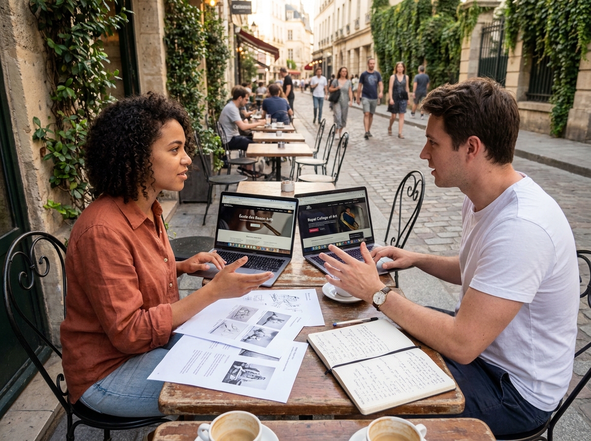 Deux étudiants en art discutant de leur choix d'école dans un café parisien en terrasse