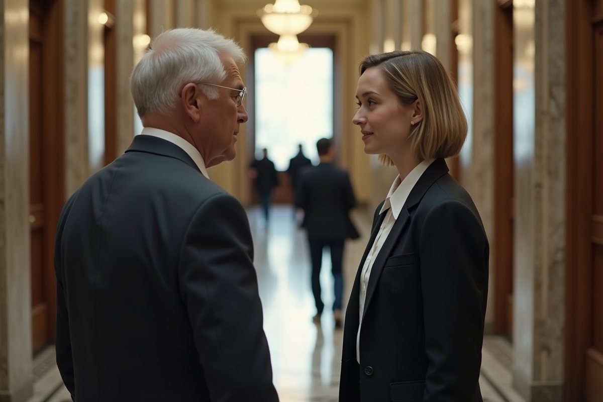 Jeune femme et homme âgé discutant dans un couloir de tribunal
