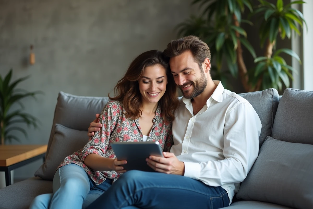 Deux personnes explorant ensemble un site de rencontres bisexuel sur une tablette dans un salon moderne