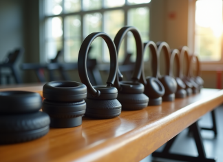 Comparatif des meilleurs casques de sport pour 2025 Plusieurs ecouteurs de sport modernes sur un banc en bois dans un studio lumineux