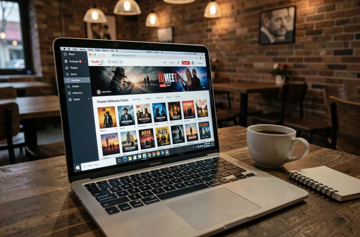 Écran d'ordinateur portable affichant un site de streaming de films dans un café urbain